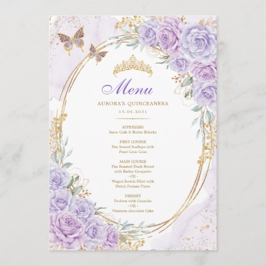 Lila Gold Quinceanera Mis Quince 15 Anos Menükarte (Vorderseite)