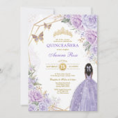 Lila Gold Quinceñera Brown Skin Butterfly Party Einladung (Vorderseite)