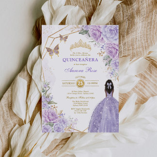 Lila Gold Quinceñera Brown Skin Butterfly Party Einladung
