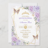 Lila Gold Quinceñera Butterfly Rose Mis Quince Einladung (Vorderseite)