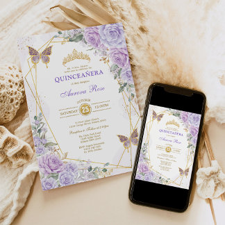 Lila Gold Quinceñera Butterfly Rose Mis Quince Einladung