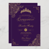 Lila & Gold Rose Elegante Quinceñera Einladung (Vorne/Hinten)
