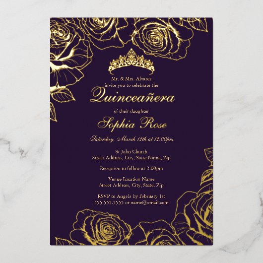 Lila Gold Rose Garden Quinceanera Folieneinladung (Vorderseite)