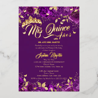 Lila Gold Rose Mis Quince Quinceanera Folieneinladung