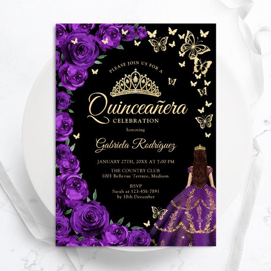 Lila Gold Rose Schmetterlinge Quinceanera Einladung