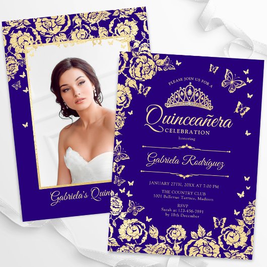 Lila Gold Rose Schmetterlinge Quinceanera Foto Einladung
