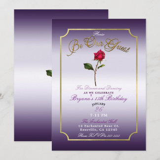 Lila & Gold Rote Rose Schönheit Geburtstagsparty Einladung