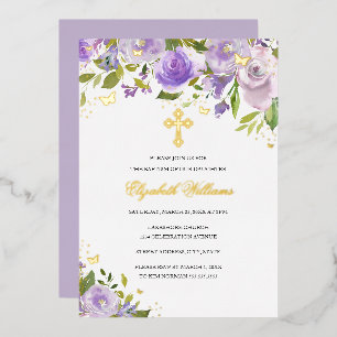 Lila Gold Schmetterling Florales Mädchen Taufkleid Folieneinladung