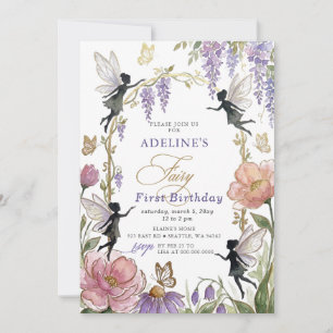 Lila Gold Schmetterlinge Fee Erster Geburtstag Einladung