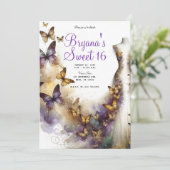 Lila & Gold Schmetterlingskleidung Fantasy Sweet 1 Einladung (Stehend Vorderseite)