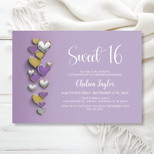 Lila Gold Silber Herz Thema Sweet 16 Geburtstag Einladung