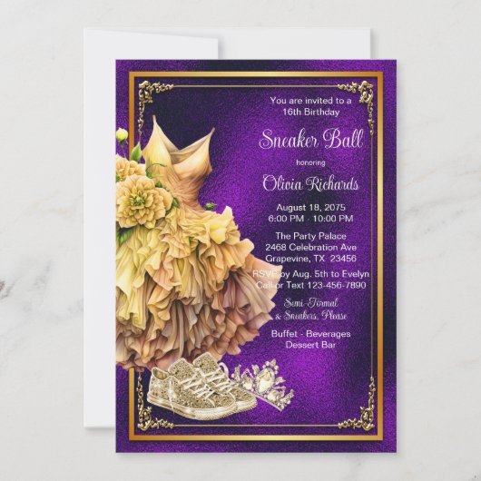 Lila Gold Sneaker Ball Einladung (Vorderseite)