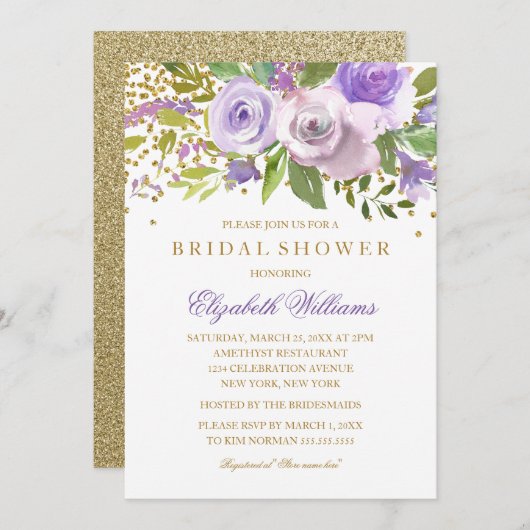 Lila Gold Sparkle Blumenladen Brautparty Einladung (Vorne/Hinten)