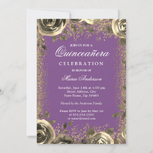 Lila & Gold Sparkle Glitzer Quinceanera Einladung