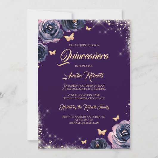 Lila Gold Sparkline Schmetterlingskleid Quinceaner Einladung (Vorderseite)