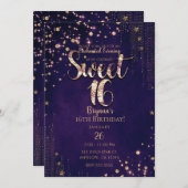 Lila & Gold Sweet 16 Whimsical Stars Party Einladung (Vorne/Hinten)