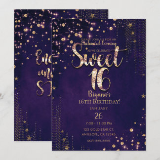 Lila & Gold Sweet 16 Whimsical Stars Party Einladung