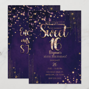 Lila & Gold Sweet 16 Whimsical Sterne Party Einladung