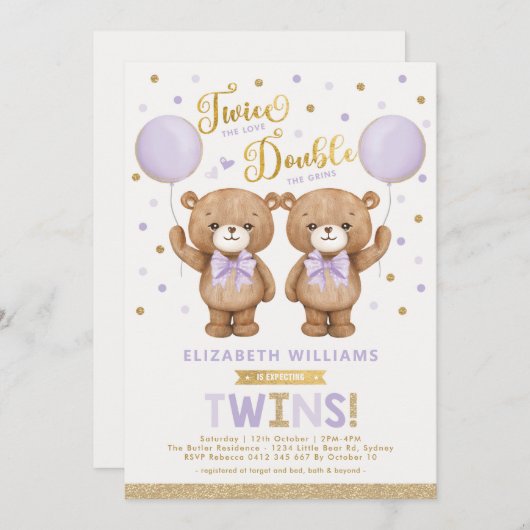 Lila Gold Teddy Bären Ballon Twin Baby Dusche Einladung (Vorne/Hinten)