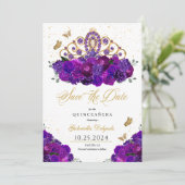 Lila & Gold Tiara Save the Date Quinceañera Einladung (Stehend Vorderseite)