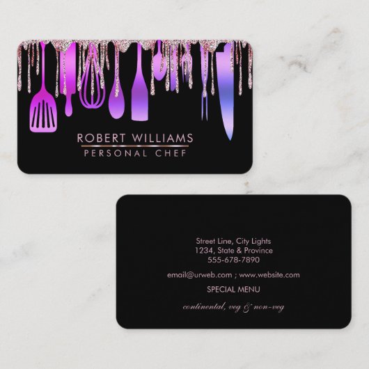 Lila Gold Tropfen Koch Küche Tools Glitzer Imitate Visitenkarte (Vorne/Hinten)