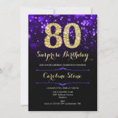 Lila Gold Überraschung 80. Geburtstag Einladung (Vorderseite)