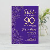 Lila Gold Überraschung 90. Geburtstag Einladung (Stehend Vorderseite)