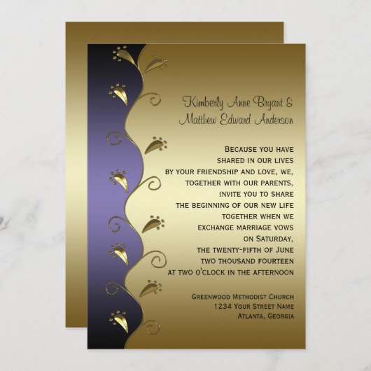 Lila Gold- und Black-Wirbel Hochzeitsreise Einladung (Vorne/Hinten)