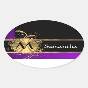 Lila Gold und schwarze Monogramm Ovaler Aufkleber