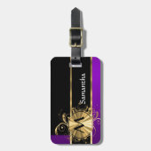 Lila Gold und schwarzes Monogramm Gepäckanhänger (Vorderseite vertikal)