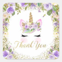 Lila Gold Unicorn Blumendanken Quadratischer Aufkleber