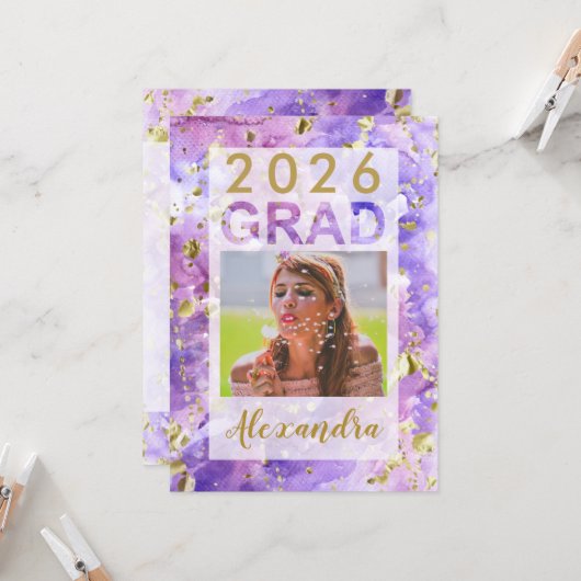 Lila Gold Wasserfarbe Art 2025 Foto Abschluss Einladung (Vorderseite/Rückseite Beispiel)