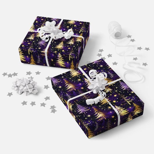 Lila & Gold Weihnachtsbaum Snowfall Luxus Weihnach Geschenkpapier