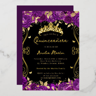 Lila Gold Wirbel Schriftrolle Floral Quinceanera  Folieneinladung