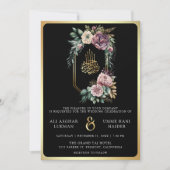 Lila Goldblumenhochzeit mit schwarzem Wappen Einladung (Vorderseite)