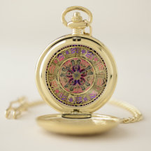 Lila Goldblumenmandala-Taschen-Uhr