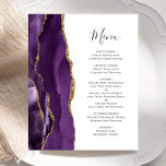 Lila Goldbuchmenü<br><div class="desc">Die links Seite dieses eleganten,  modernen Hochzeitsmenüs besticht durch eine lila Aquarellgrenze mit vergoldetem Imitat-Glitzer. Der anpassbare Text kombiniert handgeschriebene handgeschriebene Schriftzeichen aus Holzkohle mit Schriftart aus Kupferplatte auf weißem Hintergrund. Auf der Rückseite ist ein lila und goldenes Design zu sehen.</div>