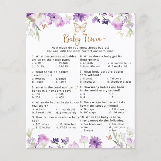 Lila Goldbutterling Baby trivia Baby-Duschgame (Vorderseite)