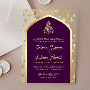 Lila Golddiamanten-Arch-Moslemhochzeit Acryleinladungen