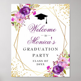 Lila Golden Floral Welcome Graduation Party Poster