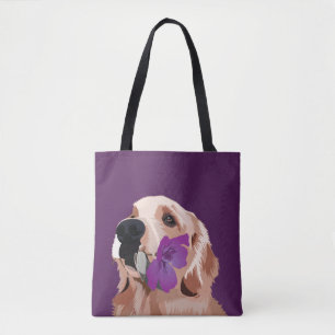 Lila Golden Retriever mit Blume Tasche
