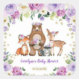 Lila Golden Woodland Baby Shower Forest Animals Quadratischer Aufkleber