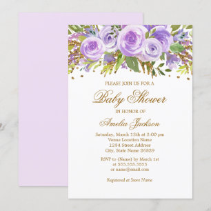 Lila Goldene Blumen-Rosen-Baby-Shower-Einladung Einladung