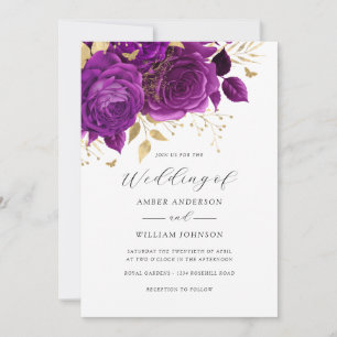 Lila Goldene Blumenrose Hochzeit Einladung