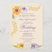 Lila goldene Blumenwatercolor-Hochzeits-Einladung Einladung (Vorne/Hinten)