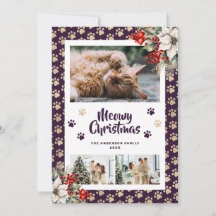 Lila Goldene Botanische Foto-Meowy-Weihnachtskarte Feiertagskarte