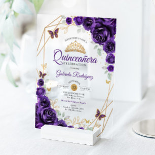 Lila Goldene Florale Quinceanera Acryleinladungen