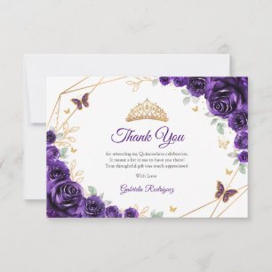 Lila Goldene Florale Quinceanera Dankeskarte
