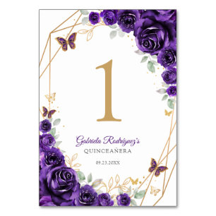 Lila Goldene Florale Quinceanera Tischnummer