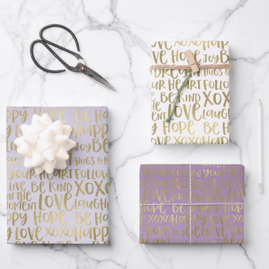 Lila goldene inspirierende Wörter Geschenkpapier Set (Vorderseite)